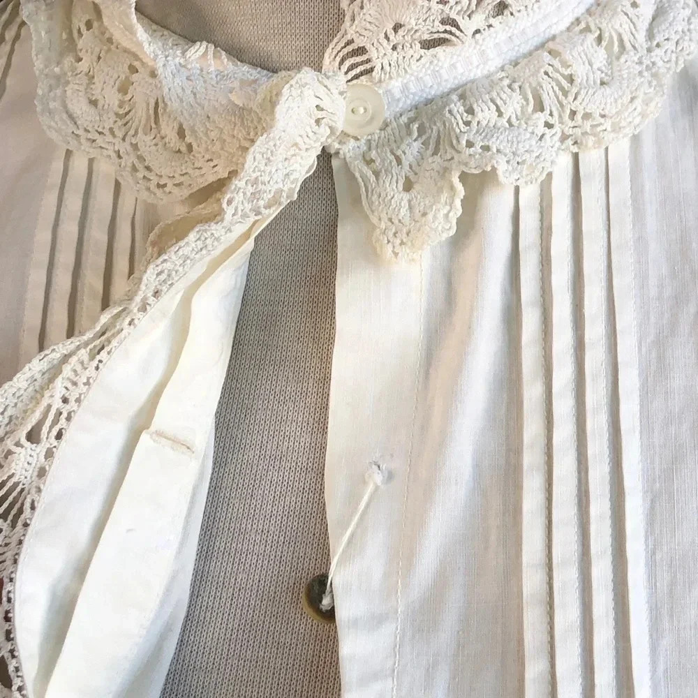 Antique 1900s Victorian Modest 100% Cotton Handmade Lace Collar Cuffs Nightgown - Picture 7 of 9